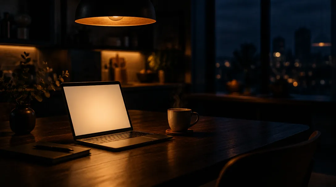 Laptop med aktiegraf på skärmen på ett minimalistiskt hemmakontor med naturligt ljus, symbol för ISK-sparande